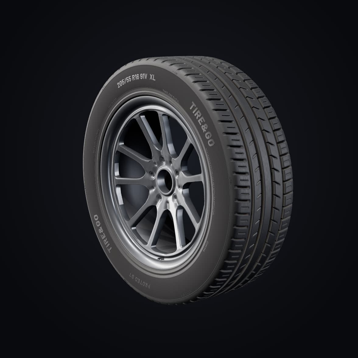 Neumático 205/55 R16 91V XL montado en una llanta de diez radios, con la medida, el código DOT, el testigo de desgaste TWI y la homologación europea moldeados en relieve en el flanco